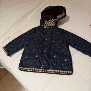 Burberry Navy Quilted Hooded Kids Puffer with Signature Check Lining